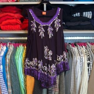 California Woman purple palm tree print curved hem sleeveless dress size OS NWOT
